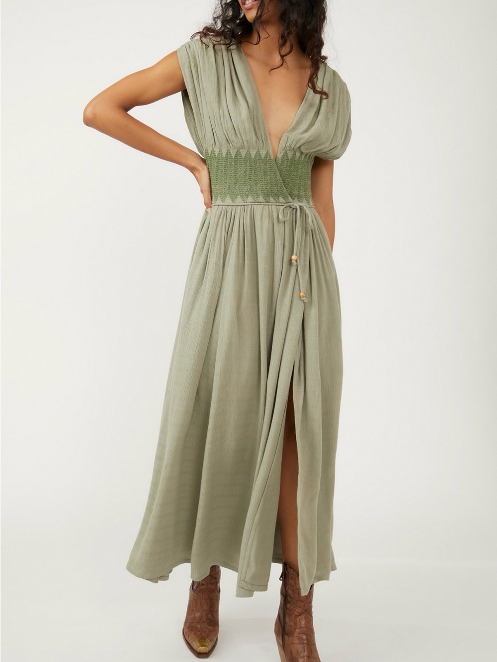 Free people seagrass Green V-Neck Smocked Waist Maxi Dress.